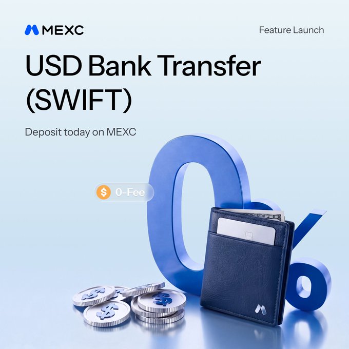 A MEXC Feature Launch promotional graphic announces "USD Bank Transfer (SWIFT)" deposits, highlighting "0-Fee" pricing alongside imagery of a wallet, dollar coins, and a large blue percent symbol.