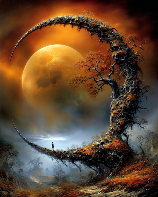 A surreal digital artwork depicts a figure standing on a crescent-shaped structure of twisted, skull-laden roots and autumn trees, with a giant moon glowing orange in the background.