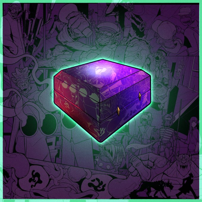 A glowing purple and red ornate box sits centered against a dark purple background covered in mutant-themed illustrations, with the accompanying post calling on viewers to renew their oath by either swapping VIPs directly or upgrading pledges to join the Mutant Cartel's Blood Oath membership.