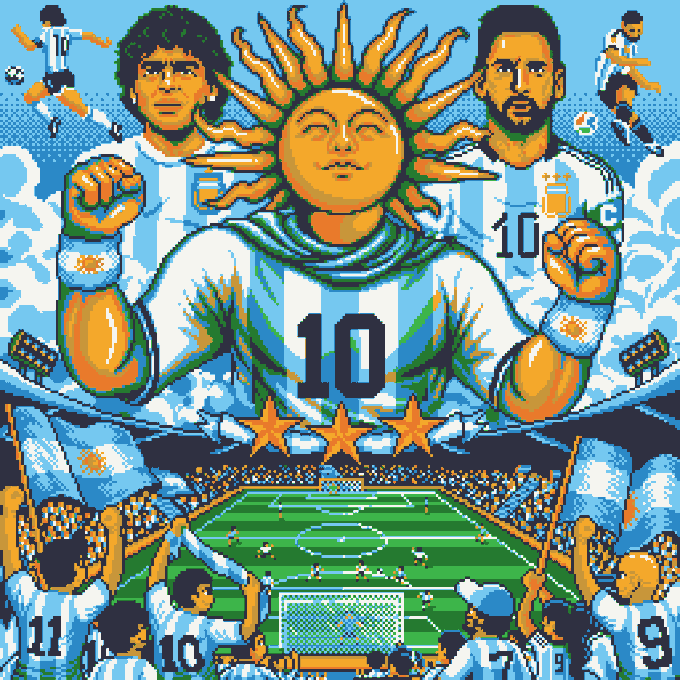 The image features a soccer player wearing a blue and white jersey with the number 10, surrounded by other players dressed in similar jerseys. The scene takes place at a soccer field, where several people are gathered around the goal area. A large sun is prominently displayed above them, adding to the atmosphere of the game. The post includes text that reads "4 hours remaining to mint Day #1043: Vamos Argentina! basepaint.xyz/mint". This suggests that there might be a soccer match scheduled for the next day or that the players are preparing for an important event related to their team's performance.