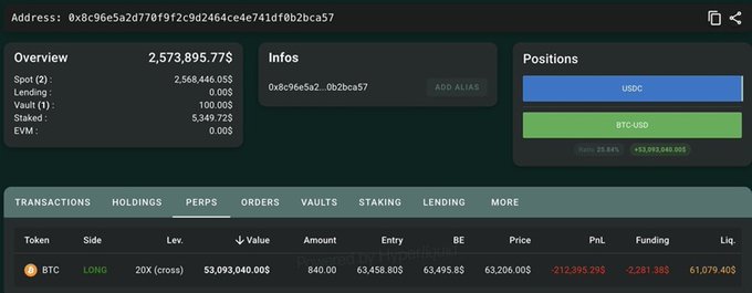A cryptocurrency portfolio dashboard from Hypeliquid showing an address (0x8c96e5a2d770f9f2c9d2464ce4e741df0b2bca57) with a total value of 2,573,895.77$ and a BTC LONG position of 20X leverage.
