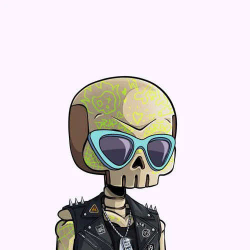 A cartoon-style illustration of a skeleton wearing teal sunglasses and a black spiked leather vest with patches, set against a plain background.