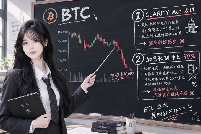 An anime-style illustration shows a woman in a suit pointing at a blackboard displaying BTC price charts and Chinese text discussing the CLARITY Act and 90% interest rate expectations, with a downward trend showing a drop past $76,000.