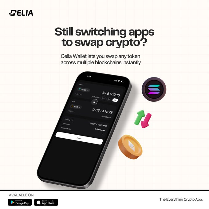 The image is a promotional ad for Celia Wallet, featuring its logo and a smartphone displaying a token swap interface (swapping 35.81 USDT for 0.06141678 SNB) alongside Solana and other crypto coin graphics, with Google Play and App Store download badges. The headline "Still switching apps to swap crypto?" and tagline "The Everything Crypto App" reinforce the post's message about seamless multi-chain token swapping.