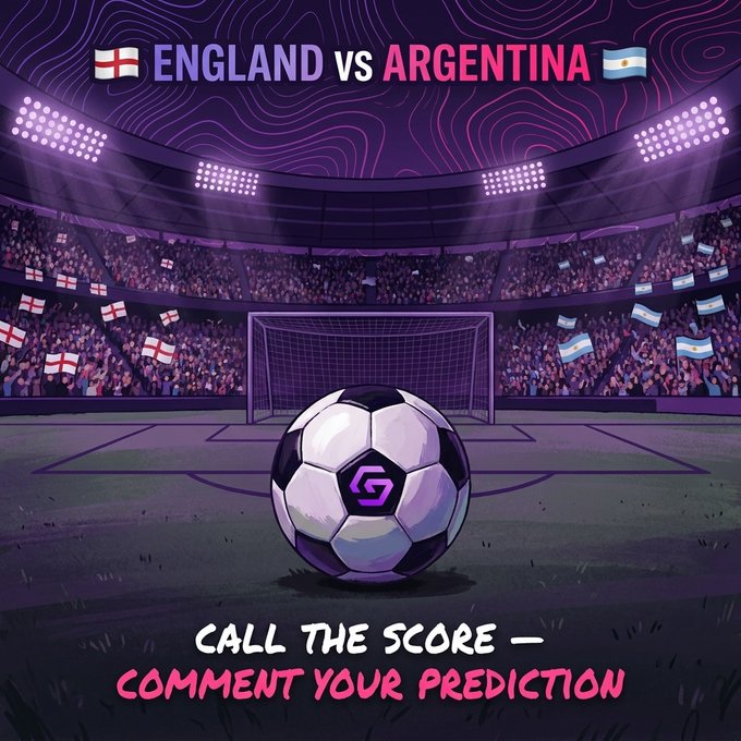 A promotional graphic for the England vs Argentina World Cup match featuring a soccer ball in front of a stadium goal with fans waving both nations' flags, with text reading 'CALL THE SCORE — COMMENT YOUR PREDICTION.'