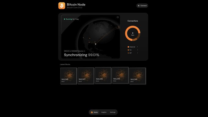 A screenshot of a Bitcoin Node app, showing "Synchronizing 99.01%" and a world map with connection nodes.