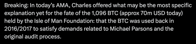 The image shows a person who appears to be named Charles, located at the top left corner. The background of the photo features text that reads "Breaking: In today's AMMA, Charles offered what may be the most specific explanation yet for the fate of the 1,964 BTC (Approx 70m USD today) held by the Isle of Man Foundation that the Btc was used back in 2016/2017 to satisfyably demand related to Michael Parsons and the original auditor process". The text appears to be in a black color with a white background.