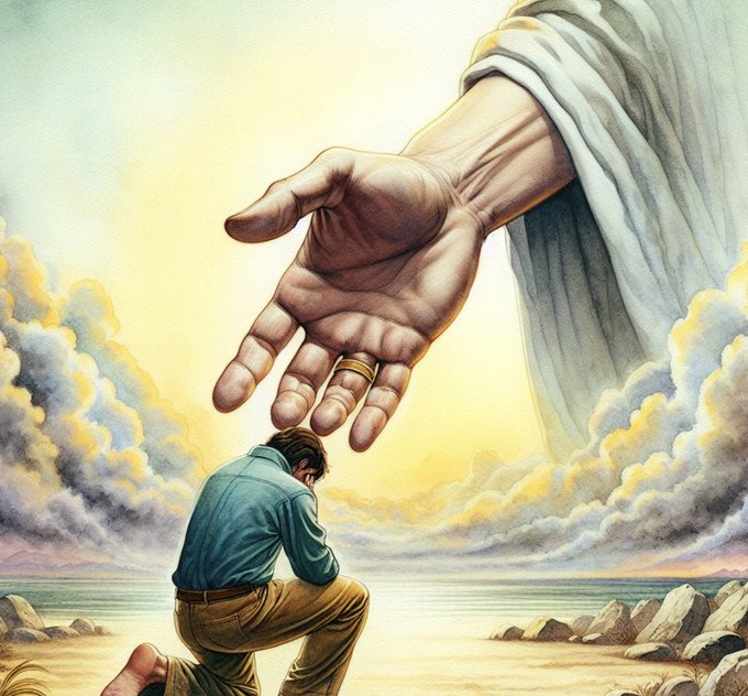 A giant divine hand wearing a golden ring extends down from the clouds toward a kneeling man on a rocky shore, symbolizing a direct, personal connection between God and the chosen individual referenced in the post about being divinely selected to build the new world.