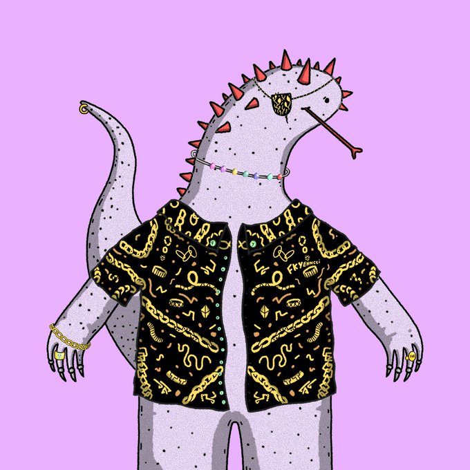 An illustration of an anthropomorphic dinosaur/reptile character wearing a black and gold patterned shirt, gold chains, jewelry, and sunglasses, set against a purple background.