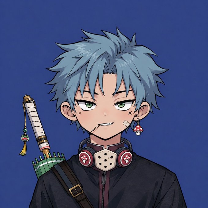 An anime-style illustration of a blue-haired character wearing a black shirt, a respirator mask around their neck, a sword on their back, and a mushroom earring.