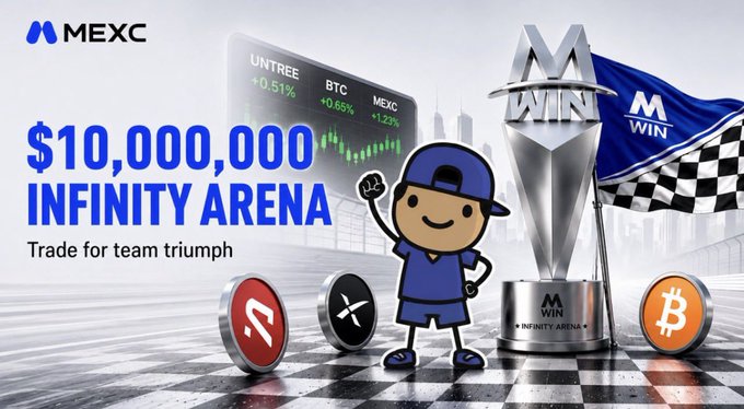 MEXC promotional banner for the $10,000,000 Infinity Arena trading competition featuring crypto coins, a mascot, and a trophy.