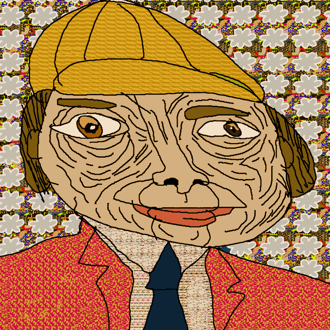 A digital illustration shows a wrinkled, smiling character wearing a yellow cap, a red blazer, and a blue tie, set against a colorful pixelated background of flowers.