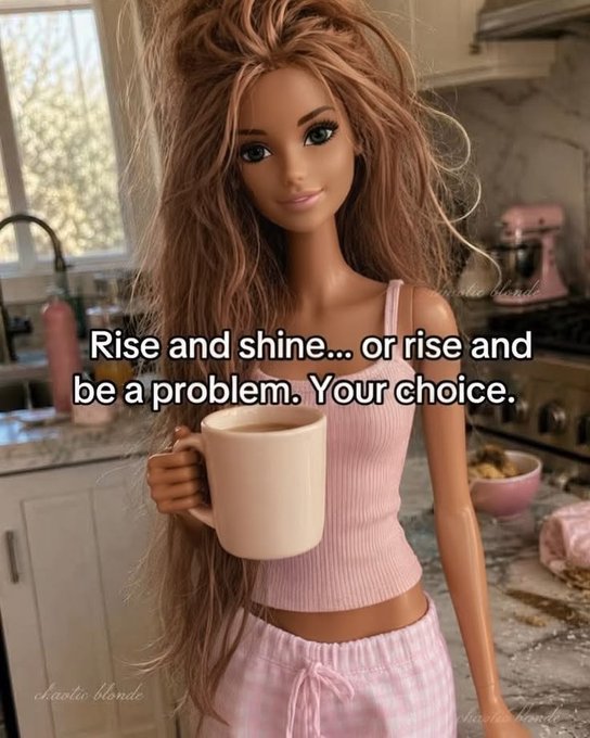 A Barbie doll in pink pajamas holding a coffee mug in a kitchen, with the text 'Rise and shine... or rise and be a problem. Your choice.'