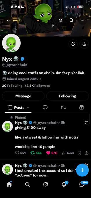 A Twitter/X profile for 'Nyx' (@nyxonchain) displays a green alien avatar, a 'doing cool stuffs on chain. dm for pr/collab' bio, and a pinned tweet offering '$100 away' with a 'like, retweet & follow' giveaway.