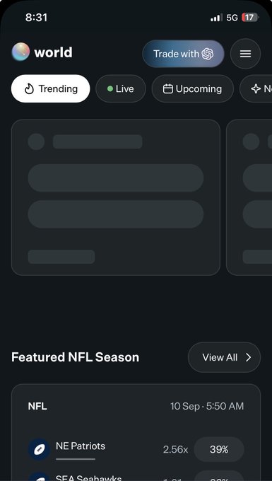 A mobile app screenshot showing a sports betting platform called 'world' with tabs for Trending, Live, and Upcoming events, featuring a 'Featured NFL Season' section listing NFL teams like the NE Patriots and SEA Seahawks with odds.