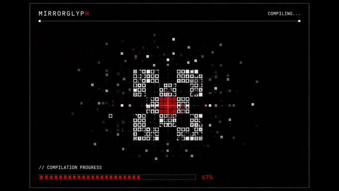 A digital interface titled 'MIRRORGLYPH' shows 'COMPILING...' status with a progress bar at 67% and a central geometric pattern of squares.