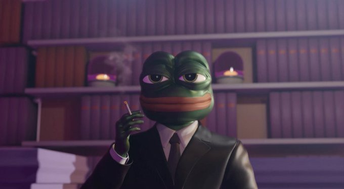A cinematic image of Pepe the Frog wearing a black suit and tie, holding a cigarette, standing in front of bookshelves with candles in a purple-lit room.