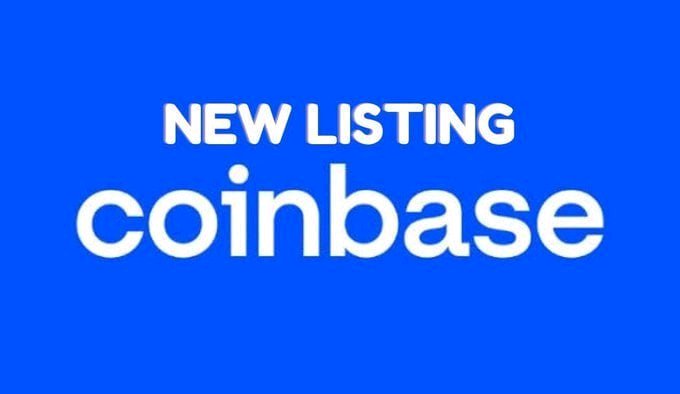 A blue graphic with white text announcing a 'NEW LISTING' on the Coinbase cryptocurrency exchange platform.