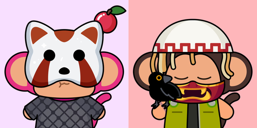 Two cartoon characters with mouse-like ears stand side by side; the left wears a fox mask with an apple on top, while the right wears a patterned beanie and holds a black bird near their face.