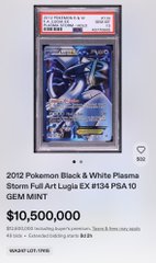 An auction lot card for a '2022 Pokémon Black & White Plasma Storm Blastoise Holo PSA 10 GEM MINT' valued at $10,500,000.