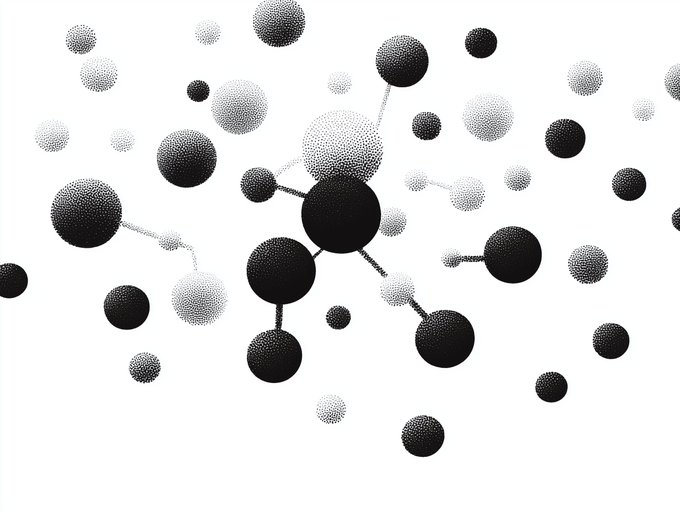 A black and white illustration depicting various spheres of different sizes connected by lines, resembling a molecular structure or atomic model with a stippled texture.