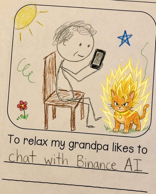 A child's crayon drawing shows a man sitting on a chair looking at a phone next to a fiery cat with a star above it, with handwritten text reading 'To relax my grandpa likes to chat with Binance AI.'