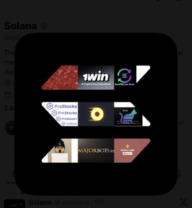 A black background displays a Solana-themed logo composed of three horizontal rows containing smaller images and logos, including '1win,' 'PreStocks,' and 'MAJORBOTS.io'.