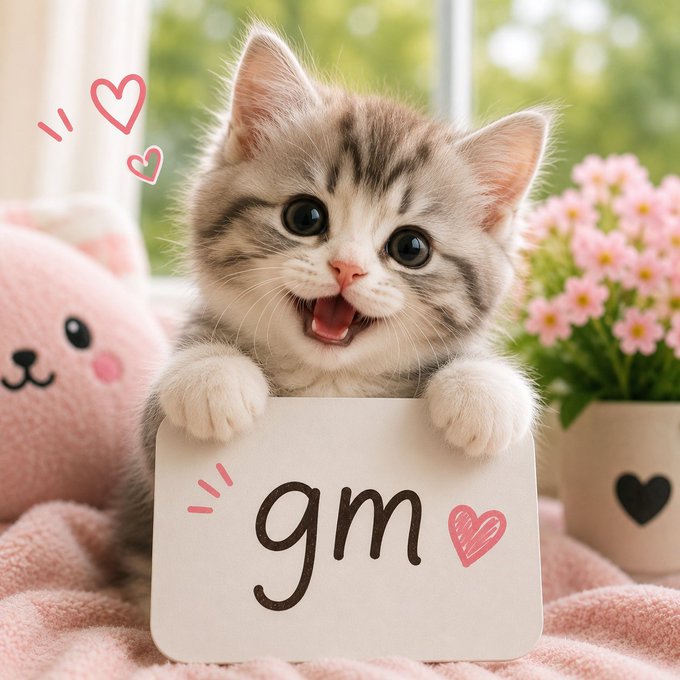 The image features a cute kitten sitting next to a white card with pink text that says "gm" written in black marker, surrounded by flowers and a stuffed animal. The background of the image includes a window overlooking trees outside.