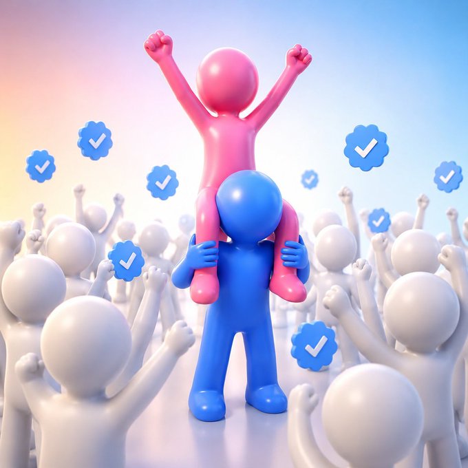 The image features a blue 3D figure lifting a triumphant pink figure with raised fists, surrounded by a crowd of cheering white figures and floating blue checkmark icons symbolizing approval and community support.

This visualizes the "support for support" message—where one boosted user (pink, elevated) is celebrated by a larger crowd (blue and white), reflecting the call-to-action asking others to follow, boost, and reciprocate engagement to grow the community together.