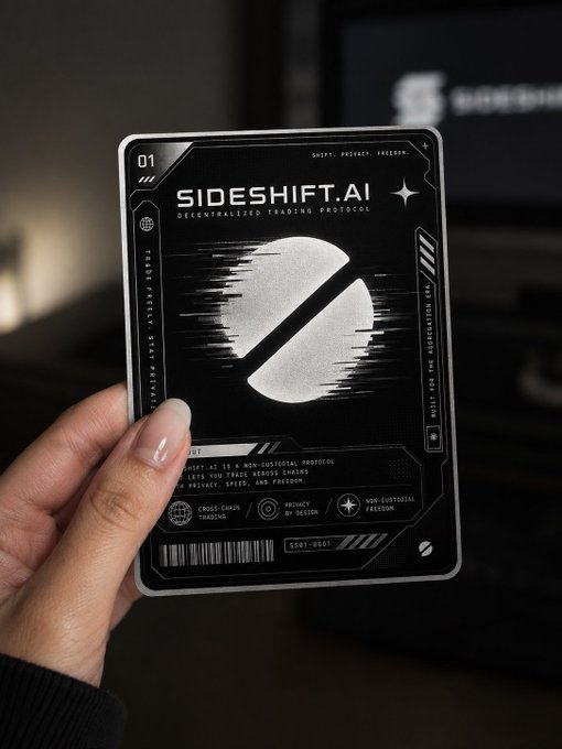 A hand holds a black promotional card for SIDESHIFT.AI, labeled as a 'Decentralized Trading Protocol' with a large circular logo and features including 'Cross-Chain Trading' and 'Non-Custodial Freedom'.