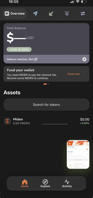 A smartphone screenshot of a cryptocurrency wallet app showing a zero USD total balance, a wallet address starting 'mtnLiaj...f5uf', a 'Fund your wallet' prompt requesting MIDEN tokens for network fees, and an empty Miden asset listing.