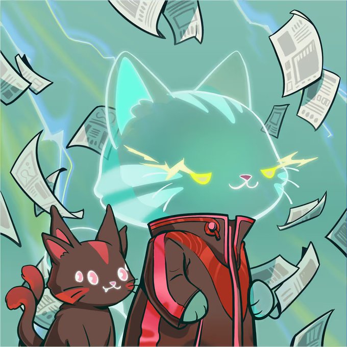 A digital illustration of an angry, glowing teal cat in a red and black jacket surrounded by floating newspapers, with a smaller brown cat looking on in surprise.