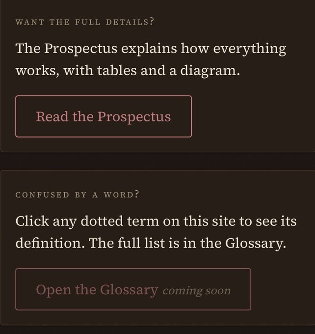 A dark-themed website section with two panels: 'WANT THE FULL DETAILS?' linking to 'Read the Prospectus,' and 'CONFUSED BY A WORD?' with a button to 'Open the Glossary coming soon.'