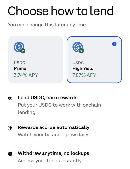 The image shows a screenshot of a computer screen displaying information about lending options, specifically about USDC Prime accounts. It provides details regarding the benefits of joining and offers a comparison between two USDC Prime accounts. The screen also includes buttons that allow users to change their account settings or update certain details on these accounts. These actions are essential for individuals looking to manage their funds effectively and take advantage of the features offered by USDC Prime services.