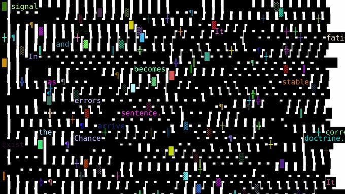 A complex digital art piece resembling a corrupted computer screen or code, with scattered words like 'signal', 'sentence', 'errors', 'stable', and 'doctrine' emerging from a chaotic pattern of black, white, and colored blocks and symbols.