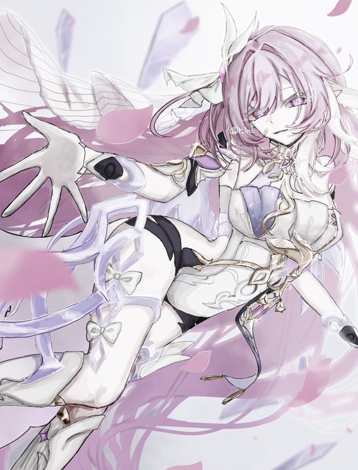 Anime-style artwork featuring a character with pink hair and purple eyes, wearing a white and purple outfit with wings, reaching forward with one hand.