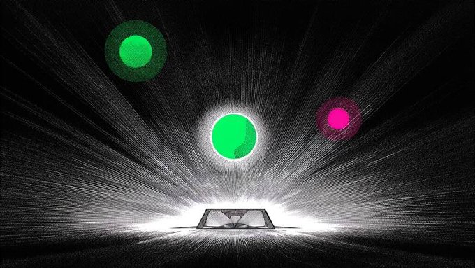 Three glowing spheres—two green and one magenta—radiate above an open vault emitting bright light beams, visually symbolizing the launch of three new tokenized funds (treasuries and credit) on the Arc network as traditional finance yield moves onchain. The locked, glowing vault represents the gated access still restricted to non-US professional investors.