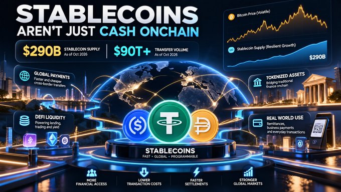 An infographic titled 'STABLECOINS AREN'T JUST CASH ONCHAIN' showing $290B stablecoin supply, $90T+ transfer volume, and use cases like global payments, DeFi liquidity, tokenized assets, and real-world use.
