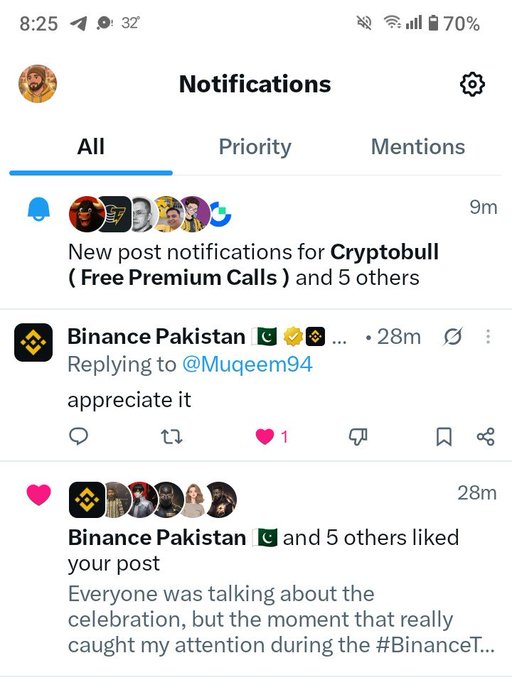 A mobile phone notifications screen showing alerts from Binance Pakistan and Cryptobull, including likes and replies on posts.
