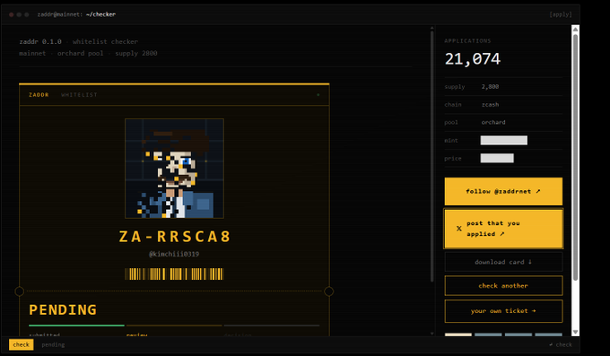 Screenshot of the 'zaddr' whitelist checker application showing a pixelated avatar card labeled 'ZA-RRSCA8' with 21,074 applications, supply of 2,000, and chain 'zcash'.