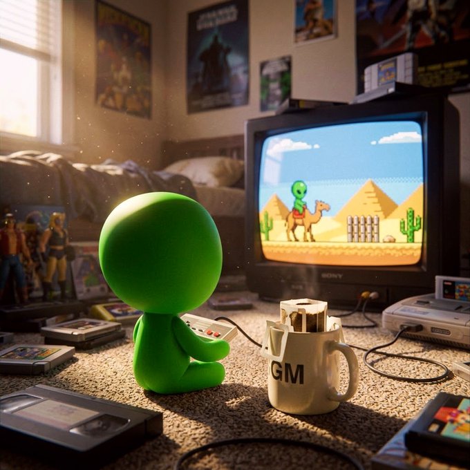 A 3D rendering shows a small green character sitting on a carpet in a retro-style bedroom, playing a video game on a CRT television that displays a green character riding a camel in a desert landscape, with game cartridges scattered nearby.