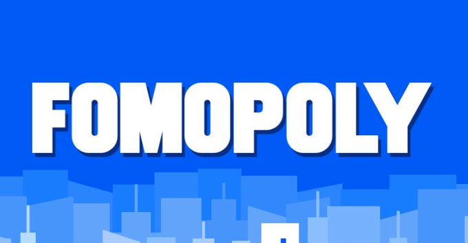 A blue graphic with large white block letters spelling “FOMOPOLY” above a simplified city skyline.