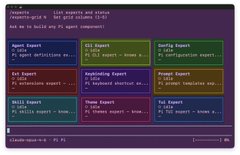 A terminal view of the Pi Editor lists configurable “Experiments,” including Shell, Skill, Python, Theme, Config, and Messaging variants. The screenshot illustrates the Extension API’s customizable command and interface options, supporting the post’s idea that Pi’s core simplicity can be combined and modified into a personalized workbench.