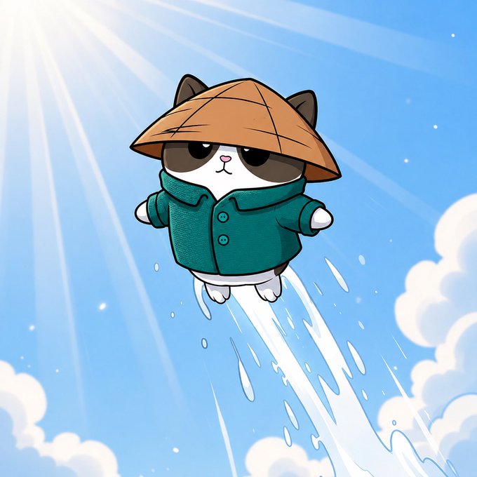 A cute cartoon illustration of a cat wearing a conical Asian straw hat and a teal green coat, flying or floating upward through clouds with sunlight streaming down.