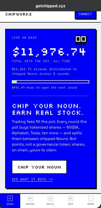 A screenshot of the getchipped.xyz website on the Chipworks platform showing a total pot of $11,976.74, with $11,261.73 distributed to chipped Nouns across 8 rounds, featuring a 'CHIP YOUR NOUN' call to action.