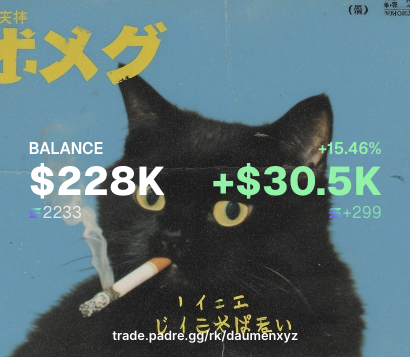 A black cat with a cigarette hangs on a blue poster featuring financial stats showing a balance of $228K (+15.46%, +$30.5K) and the handle "dadmenxyz," promoting the memecoin trader's impressive gains of $36K today and $227K in September.
