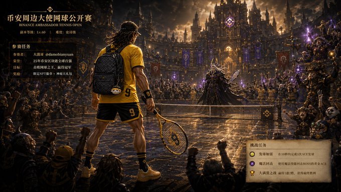 The image features a man holding a tennis racket, standing in front of a castle with a crowd of people behind him. The scene appears to be set during an event or gathering where the man is playing tennis against another player. The crowd consists of various individuals who are watching and participating in the game. The post also includes information about the event, such as the date and time it took place, which can help viewers understand when and where this particular event occurred.