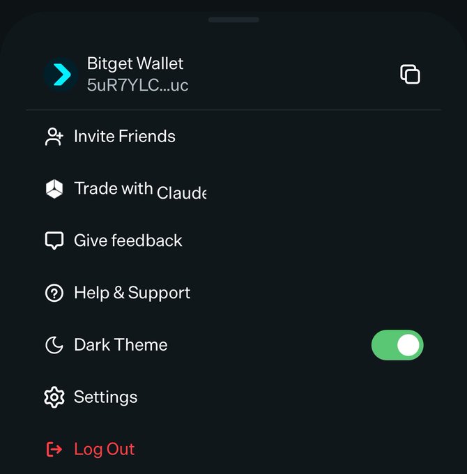 A Bitget Wallet settings menu is displayed, showing the wallet address "5uR7YLC...uc" along with options including Invite Friends, Trade with Claude, Give feedback, Help & Support, Dark Theme (enabled), Settings, and Log Out.