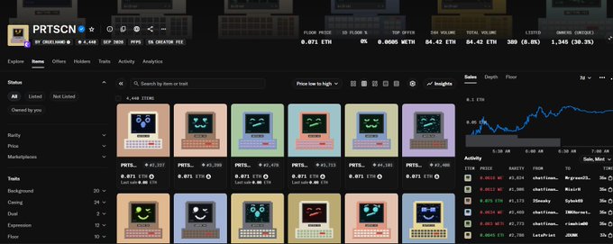 A screenshot of the PRTSCN NFT collection marketplace on a crypto platform, showing pixel art computer/robot character listings with ETH price data and trading analytics.