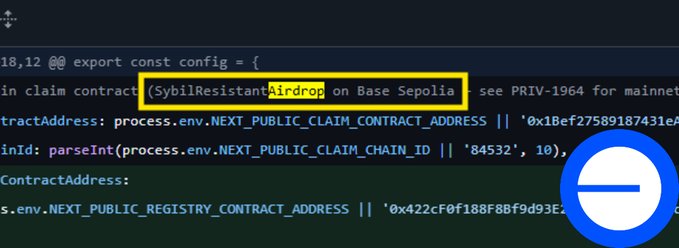The image shows a screenshot of a webpage with a text box containing information about an official repository testing process for Base Sepolia, which has just updated its base airdrop functionality. The text box highlights that the claim being tested is related to the Base Sepolia Testnet and is based on the "Base Airdrop! Base has just updated an official repository testing a full airdrop claim flow with anti-Sybil protection on the Base Sepolia Testnet."